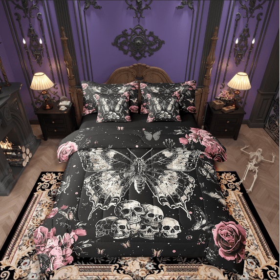 Manfei Moth Skull Bedding Queen Size,Happy Halloween Comforter Sets with Sheets,Floral Butterfly Bedding Sets Queen Size,Breathable Teens Bedroom Decor,Reversible,7pcs