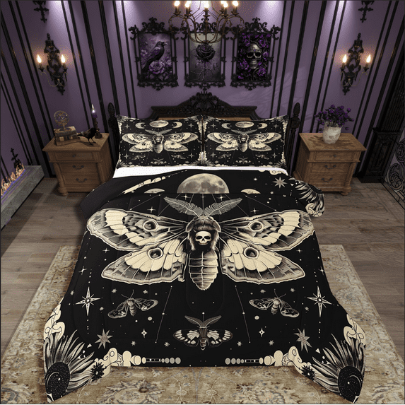 Manfei Moth Skull Comforter Sets Queen Size,Bohemian Flower Bedding Queen Comforter Set,Happy Halloween Comforters & Duvets,Lightweight Exotic Bedroom Decorative,Reversible,3 Pieces