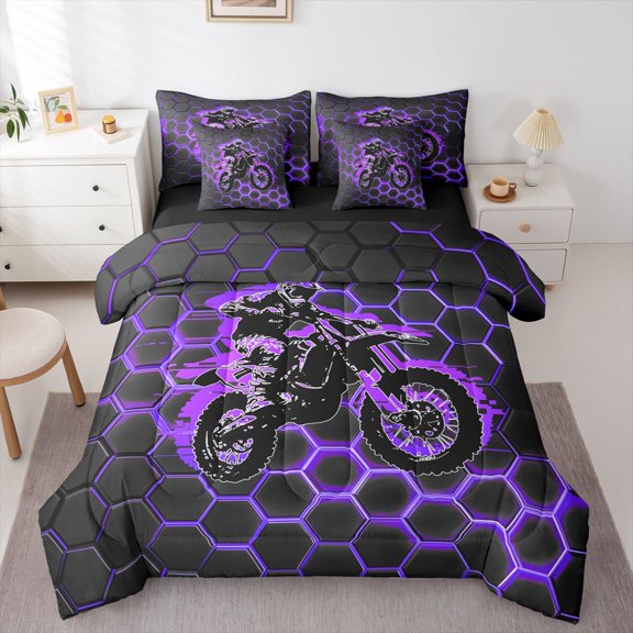 Manfei Motocross Rider 7-Piece Twin Bedding,Abstract Sport Art Bedding Comforter Set,Purple,Black Reversible