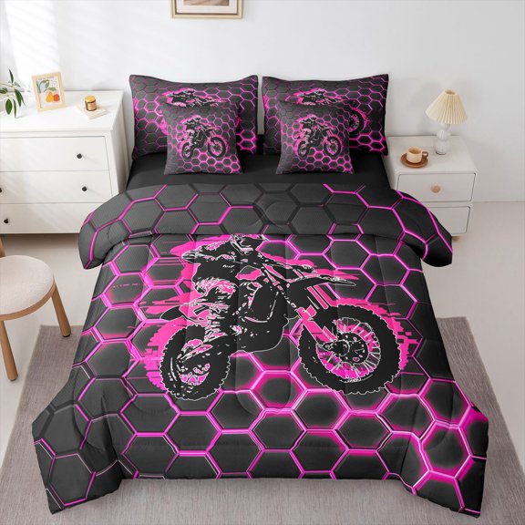 Manfei Motocross Rider 7-Piece Twin Bedding,Modern Geometric Hexagonal Print Bedding Comforter Set,Pink,Black Reversible