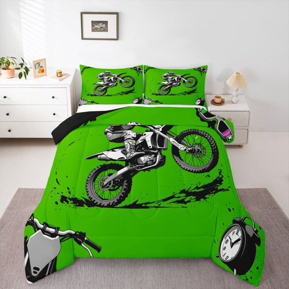 Manfei Motocross Rider Full Size Comforter Sets,Speed Games Bedding Comforter Set,Green,Black Reversible,3pcs,1 Comforter and 2 Pillowcases