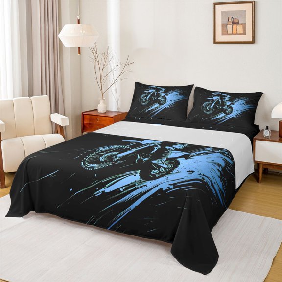 Manfei Motocross Rider Queen Sheets,Neon Blue Splash Queen Sheet Sets,4pcs,1 Flat Sheet, 1 Fitted Sheet and 2 Pillowcases