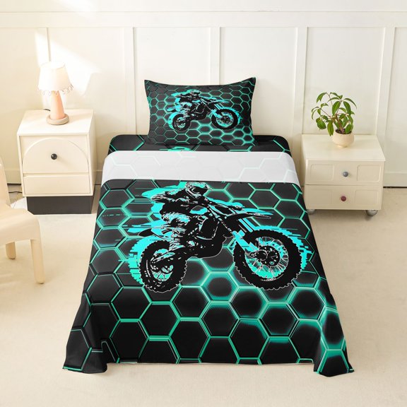 Manfei Motocross Rider Twin Sheets,Geometric Hexagonal Art Bedding,Green,3 Pieces,1 Fitted Sheet and 1 Pillowcase