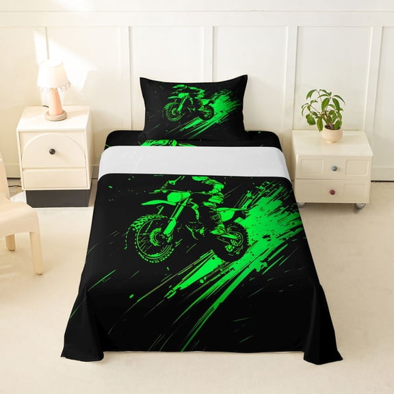 Manfei Motocross Rider Twin Sheets,Neon Green Splash Bedding,3 Pieces,1 Fitted Sheet and 1 Pillowcase