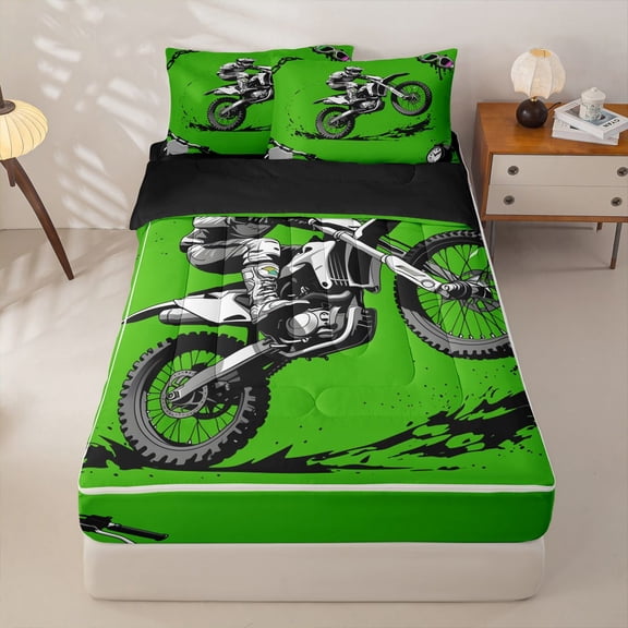 Manfei Motocross Rider Zipper Twin Comforter Sets with Fitted Sheet and 2 Pillowcases,Speed Games Zipper Bedding Set,Green,Black Reversible,4pcs