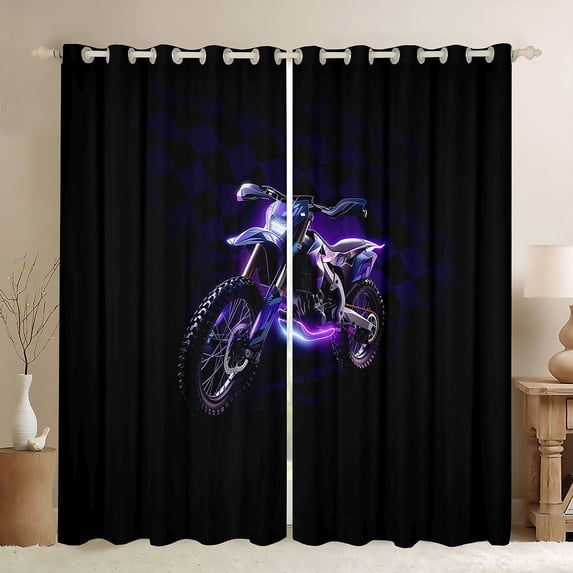 Manfei Motocross Sport Blackout Curtains, Checkerboard Curtains Pack of 2 (42x84 Each), Purple and Black