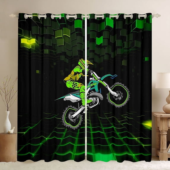 Manfei Motocross Sport Kitchen Curtains, Neon Cube Black Out Curtains Pack of 2 (42x63 Each), Green