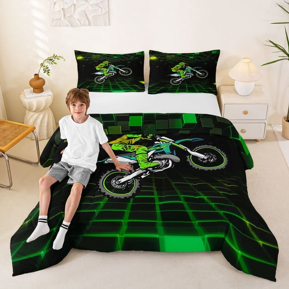 Manfei Motocross Sport Queen Comforter Set, Neon Cube Comforter Sets Queen, Green, Reversible 3pcs, 1 Comforter and 2 Pillowcases