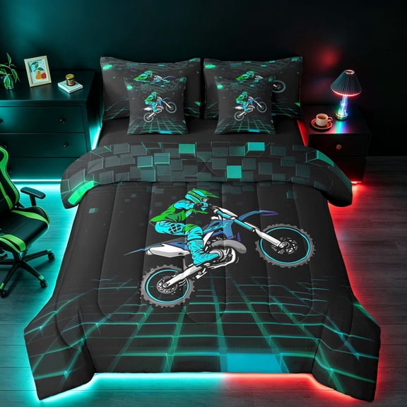 Manfei Motocross Sport Twin Bedding, Neon Cube Bedding Comforter Set, Teal and Green, Reversible 7pcs