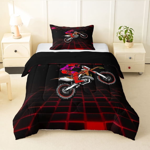 Manfei Motocross Sport Twin Comforter Sets, Neon Cube Bedding Set, Red and Purple, Reversible 2 Pieces, 1 Comforter and 1 Pillowcase