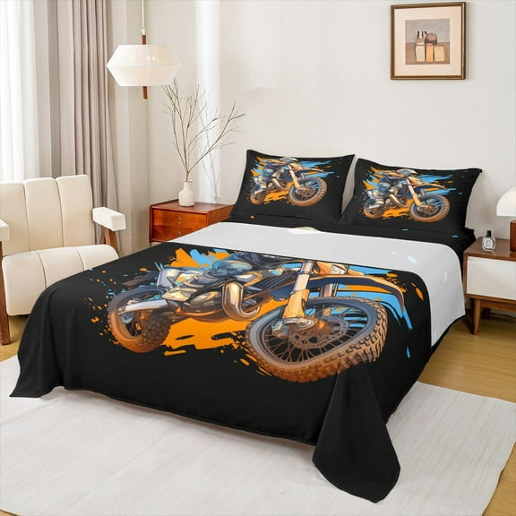Manfei Motorcross Dirt Bike Queen Sheet Sets 4-Piece, Boys Motorcyclist Flat Sheet, Hippie Graffiti Queen Fitted Sheet, Microfiber Bedroom Decor