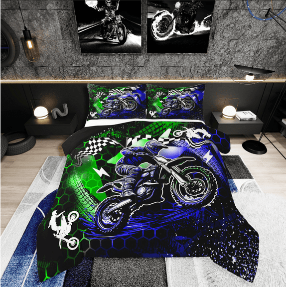 Manfei Motorcycle Motocross 2pcs Bedding Comforter Set,Honeycomb Grid Twin Comforter Sets,Blue Green Bedding Set,Super Cozy Sport Bedroom Decorative,Reversible