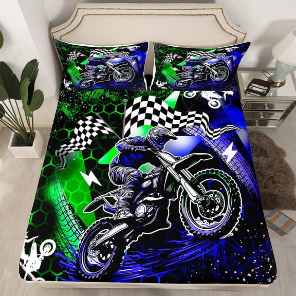 Manfei Motorcycle Motocross 3pcs Twin Sheet Sets,Honeycomb Grid Twin Fitted Sheet,Blue Green Breathable Flat Sheet,Sport Bedroom Decorative