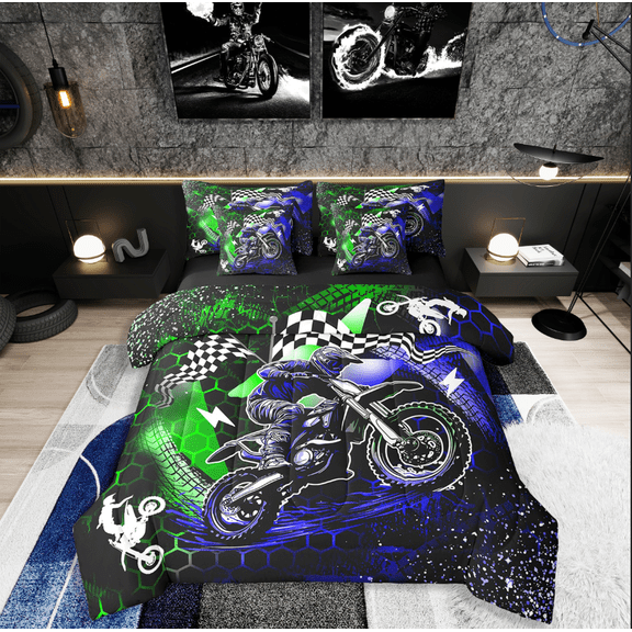 Manfei Motorcycle Motocross 7-Piece Twin Bedding Sets,Honeycomb Grid Bedding Comforter Set,Blue Green Breathable Sheet Sets,Super Cozy Sport Bedroom Decorative,Reversible
