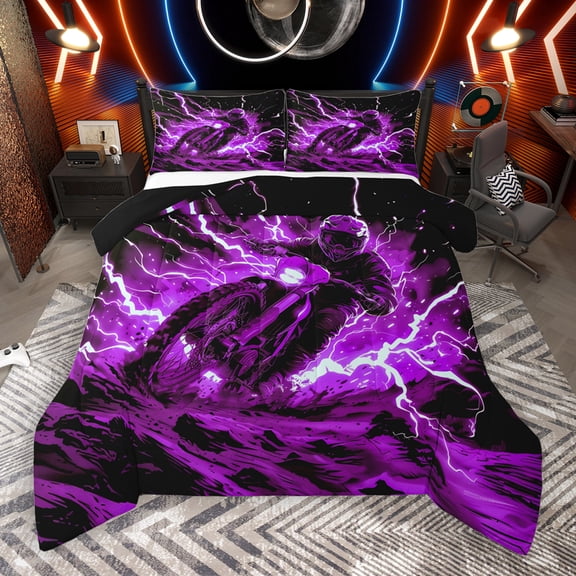 Manfei Motorcycle Motor Biker Bedding Comforter Set,Extreme Speed Sport Twin Comforter Sets,Purple Black Bedding Set For Children,Luxury Bedroom Decor Reversible,2 Pieces