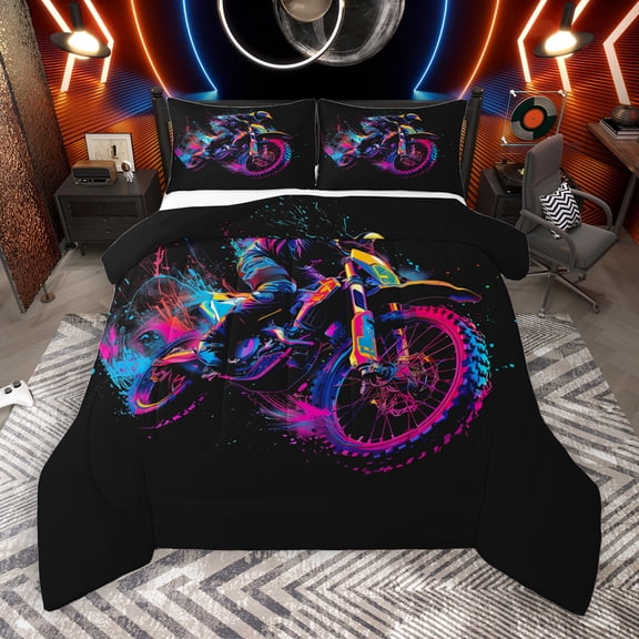 Manfei Motorcycle Motor Biker Queen Comforter Set,Extreme Speed Sport Bedding Sets,Watercolor Splash Ink Bedding Comforter Set For Children,Luxury Bedroom Decor Reversible,3pcs