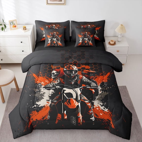 Manfei Motorcycle Rider 7pcs Queen Bedding,Extreme Sport Bedding Comforter Set Queen,Orange,Black Reversible
