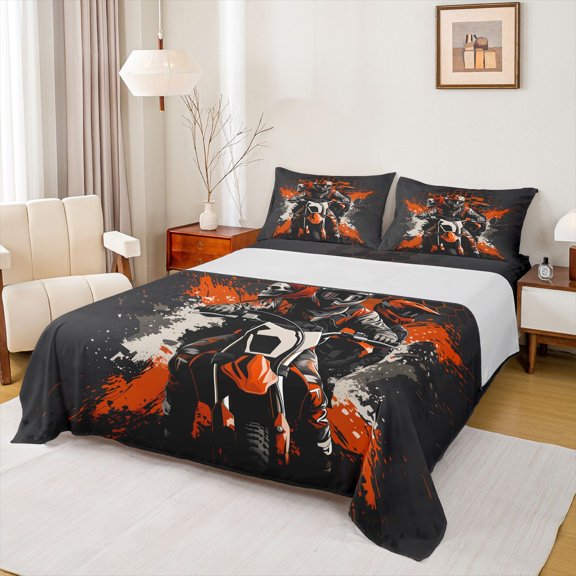 Manfei Motorcycle Rider Queen Sheets,Extreme Sport Queen Sheet Sets,Orange,4pcs,1 Flat Sheet, 1 Fitted Sheet and 2 Pillowcases