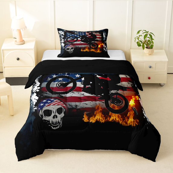 Manfei Motorcycle Rider Twin Comforter Sets,Retro American Flag Bedding Set,Red Blue,Black Reversible,2-Piece,1 Comforter and 1 Pillowcase