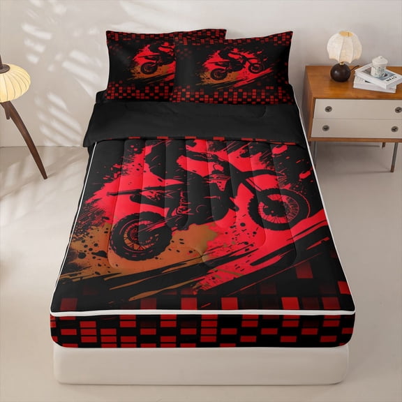 Manfei Motorcycle Rider Zipper Twin Comforter Sets with Fitted Sheet and 2 Pillowcases,Red Pixel Checkered Zipper Bedding Set,Black Reversible,4pcs
