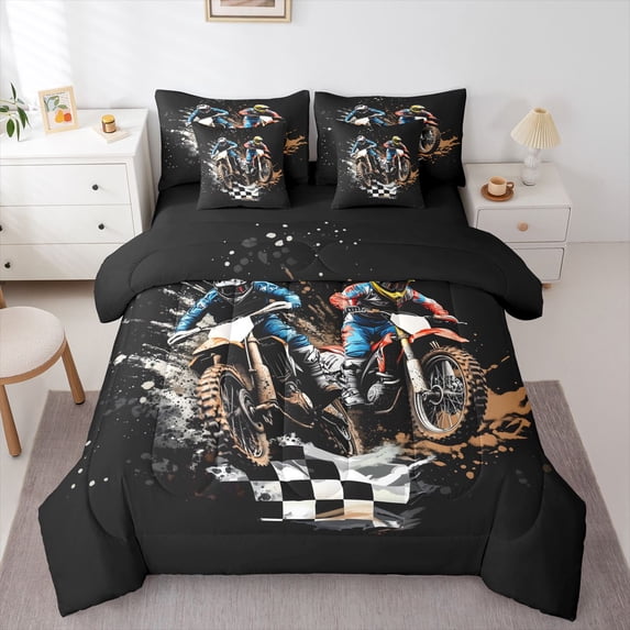 Manfei Motorcycle Riders 7-Piece Twin Bedding,Checkered Flag Bedding Comforter Set,Black,Black Reversible
