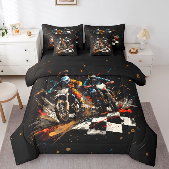 Manfei Motorcycle Riders 7-Piece Twin Bedding,Extreme Speed Games Bedding Comforter Set,Black,Black Reversible