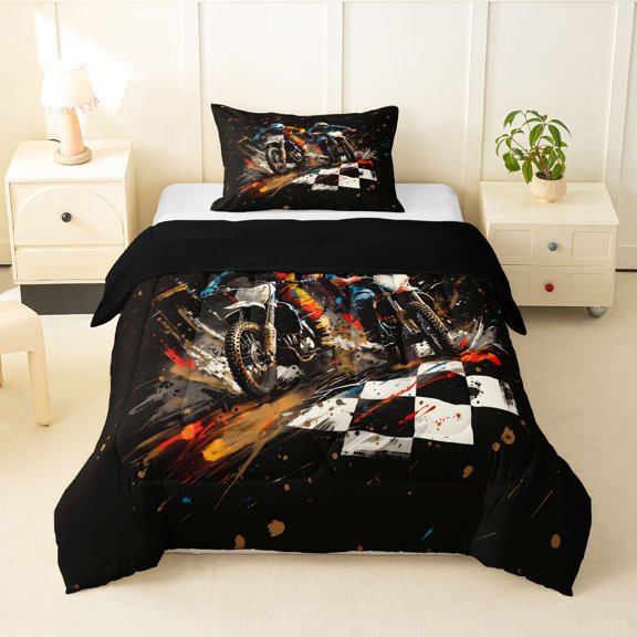 Manfei Motorcycle Riders Twin Comforter Sets,Extreme Speed Games Bedding Set,Black,Black Reversible,2pcs,1 Comforter and 1 Pillowcase