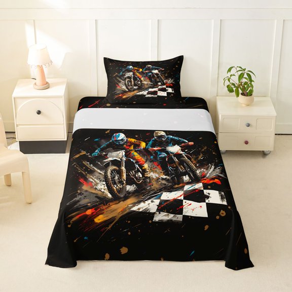 Manfei Motorcycle Riders Twin Sheets,Extreme Speed Games Bedding,Black,3pcs,1 Fitted Sheet and 1 Pillowcase