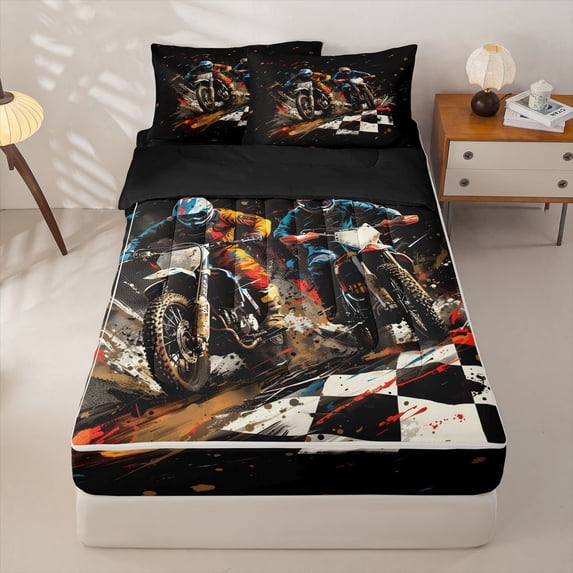Manfei Motorcycle Riders Zipper Twin Comforter Sets with Fitted Sheet and 2 Pillowcases,Extreme Speed Games Zipper Bedding Set,Black,Black Reversible,4pcs