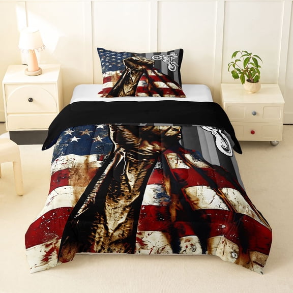 Manfei Motorcycle Silhouette Twin Comforter Sets,Vintage American Flag Bedding Set,Blue Red White,Black Reversible,2 Pieces,1 Comforter and 1 Pillowcase