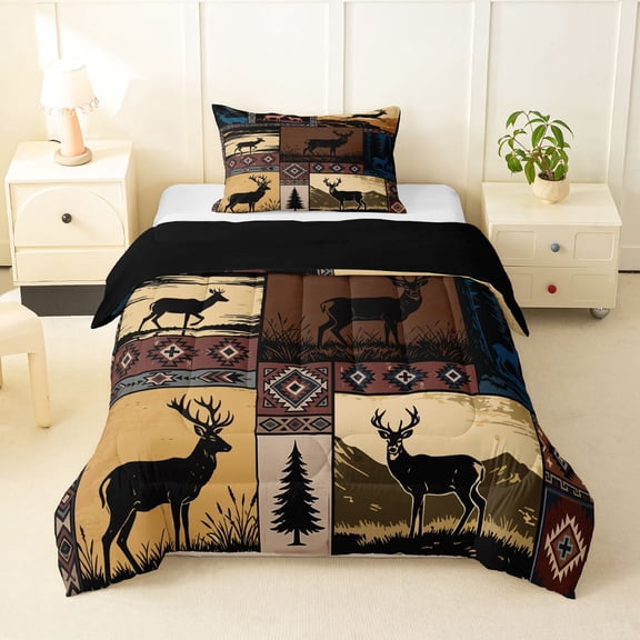Manfei Mountain Deer Twin Comforter Sets,Geometric Grid Patch Bedding Set,Brown Blue,Black Reversible,2-Piece,1 Comforter and 1 Pillowcase