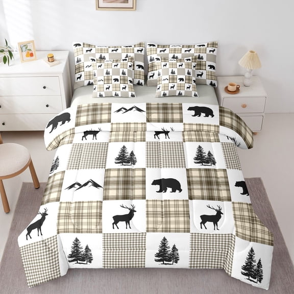 Manfei Mountain Elk Patch 7-Piece Twin Bedding,Brown Check Pine Bedding Comforter Set,Light Gray Reversible