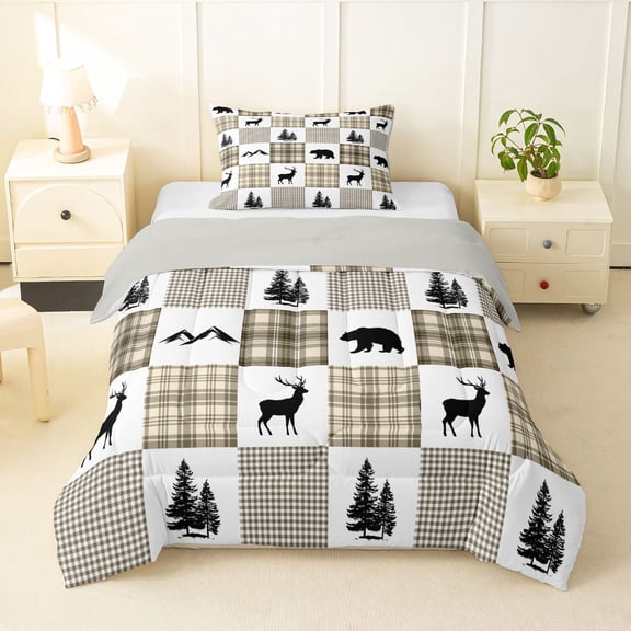Manfei Mountain Elk Patch Twin Comforter Sets,Brown Check Pine Bedding Set,Light Gray Reversible,2-Piece,1 Comforter and 1 Pillowcase
