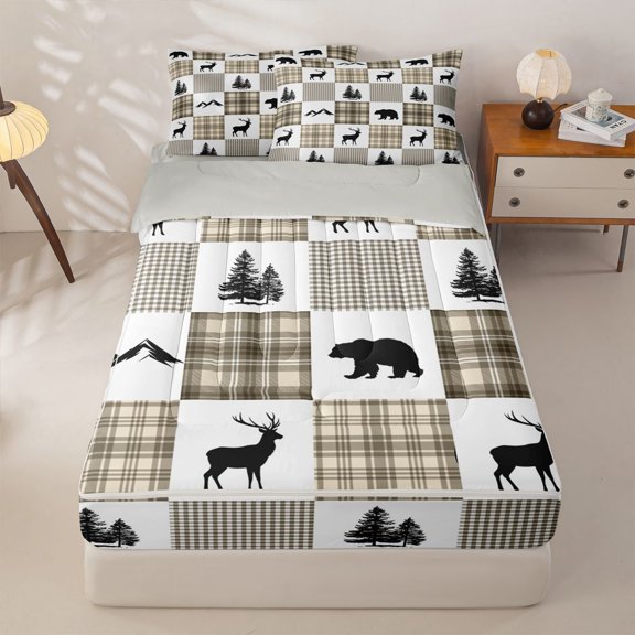 Manfei Mountain Elk Patch Zipper Twin Comforter Sets with Fitted Sheet and 2 Pillowcases,Brown Check Pine Zipper Bedding Set,Light Gray Reversible,4pcs