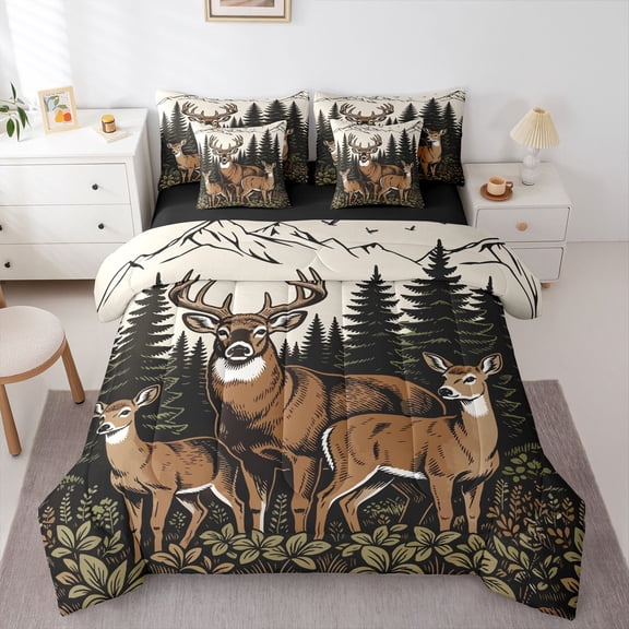 Manfei Mountain Family Deer 7 Pieces Full Size Bedding Sets,Wooded Pine Grove Full Size Bed in a Bag,Green Brown,Black Reversible