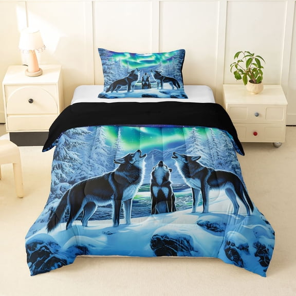 Manfei Mountain Wolves Twin Comforter Sets,Snowy Winter Bedding Set,White Green,Black Reversible,2 Pieces,1 Comforter and 1 Pillowcase