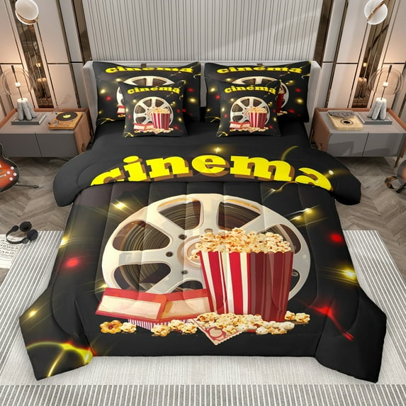 Manfei Movie Film Popcorn 7-Piece Twin Bedding Sets, Cartoon Gold Cinema Tricket Bedding Comforter Set, Teens Kids Boys Girls Adult Reversible Sheet Sets, Lightweight Room Decor