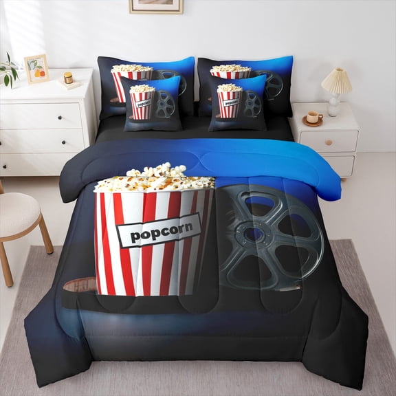 Manfei Movie Theater Theme 7-Piece Twin Bedding Sets,Cinema Popcorn Bedding Comforter Set,Black Red Sheet Sets For Girl,Microfiber Bedroom Decor Reversible