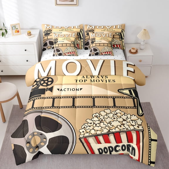 Manfei Movie Theater Theme 7 Pieces Bedding Comforter Set,Cinema Popcorn Full Bedding Set,Brown Red Beige Fitted Sheet Flat Sheet For Girl,Microfiber Bedroom Decor Reversible