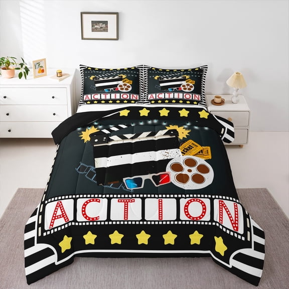 Manfei Movie Theater Theme Bedding Comforter Set,Cinema Clapperboard Twin Comforter Sets,Vintage Filmstrip Bedding Set For Girl,Microfiber Bedroom Decor Reversible,2 Pieces