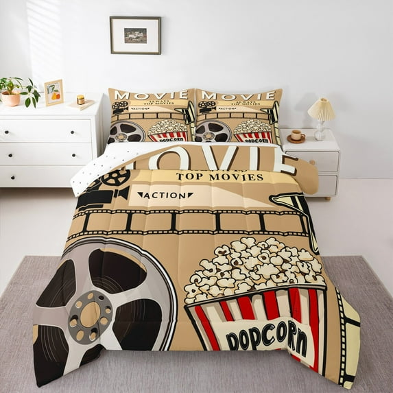 Manfei Movie Theater Theme Bedding Comforter Set,Cinema Popcorn Twin Comforter Sets,Brown Red Beige Bedding Set For Girl,Microfiber Bedroom Decor Reversible,2pcs
