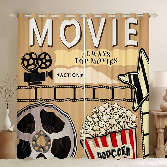 Manfei Movie Theater Theme Curtains Pack of 2 (42x84 Each),Cinema Popcorn Curtains Blackout,Brown Red Beige Bedroom Curtains For Girl,Microfiber Bedroom Decor
