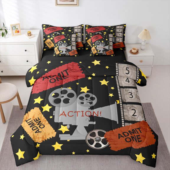 Manfei Movie Time 7pcs Bedding Comforter Set,Vintage Cinema Ticket Queen Bedding Sets,Gray Red Black Queen Sheet Sets For Teens,Super Cozy Room Decor Reversible