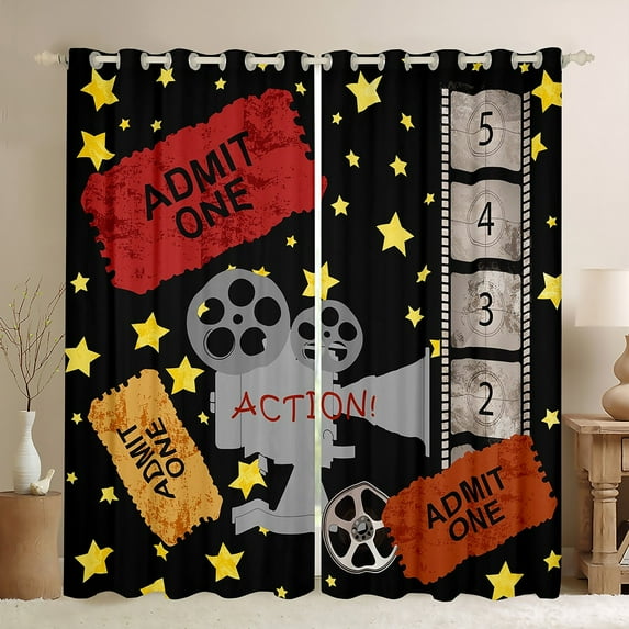 Manfei Movie Time Blackout Curtains,Vintage Cinema Ticket Curtains Pack of 2 (38x45 Each),Gray Red Black Window Curtains For Teens,Super Cozy Room Decor