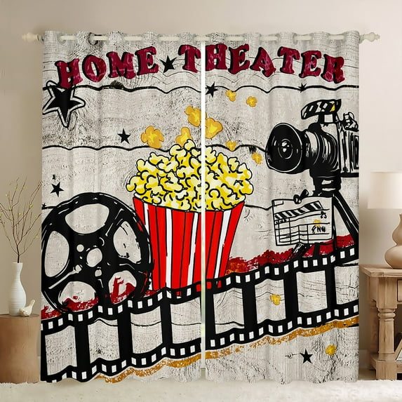 Manfei Movie Time Curtains and Drapes,Vintage Cinema Ticket Black Out Curtains,Filmstrip Popcorn Curtains Pack of 2 (52x63 Each) For Teens,Super Cozy Room Decor