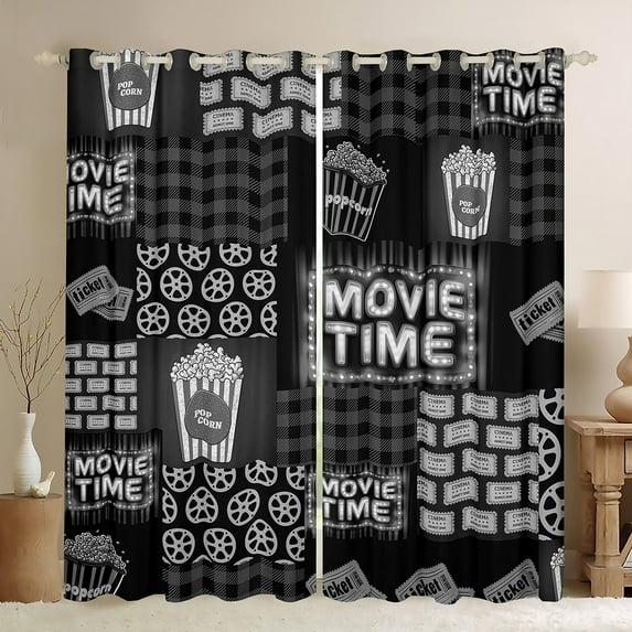 Manfei Movie Time Curtains Pack of 2 (42x84 Each),Vintage Cinema Ticket Curtains Blackout,Black Patchwork Plaid Bedroom Curtains For Teens,Super Cozy Room Decor