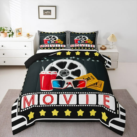 Manfei Movie Time Full Size Comforter Sets,Vintage Cinema Ticket Bedding Comforter Set,Red Black White Bedding Sets For Teens,Super Cozy Room Decor Reversible,3 Pieces