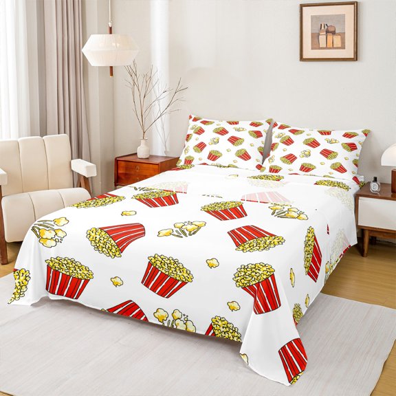 Manfei Movie Time Queen Sheet Sets,Movie Time Flat Sheet,Yellow Red White Queen Fitted Sheet For Child,Breathable Home Decor,4 Pieces