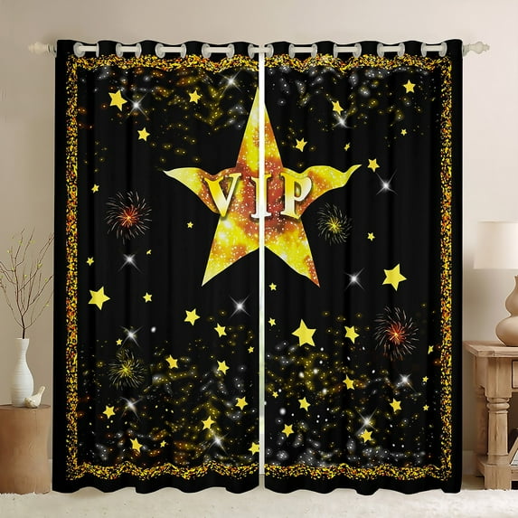 Manfei Movie Vip Blackout Curtains Set of 2 (52x84 Each),Gold Stras Window Curtains,Glitter Print Curtains and Drapes For Kids,Ultra Soft Home Decor
