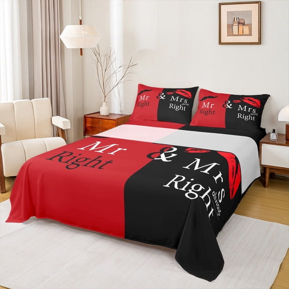 Manfei Mr Mrs Queen Sheet Sets, Couple Valentine Flat Sheet, Red Black Fitted Sheet, 4-Piece Ultra Soft